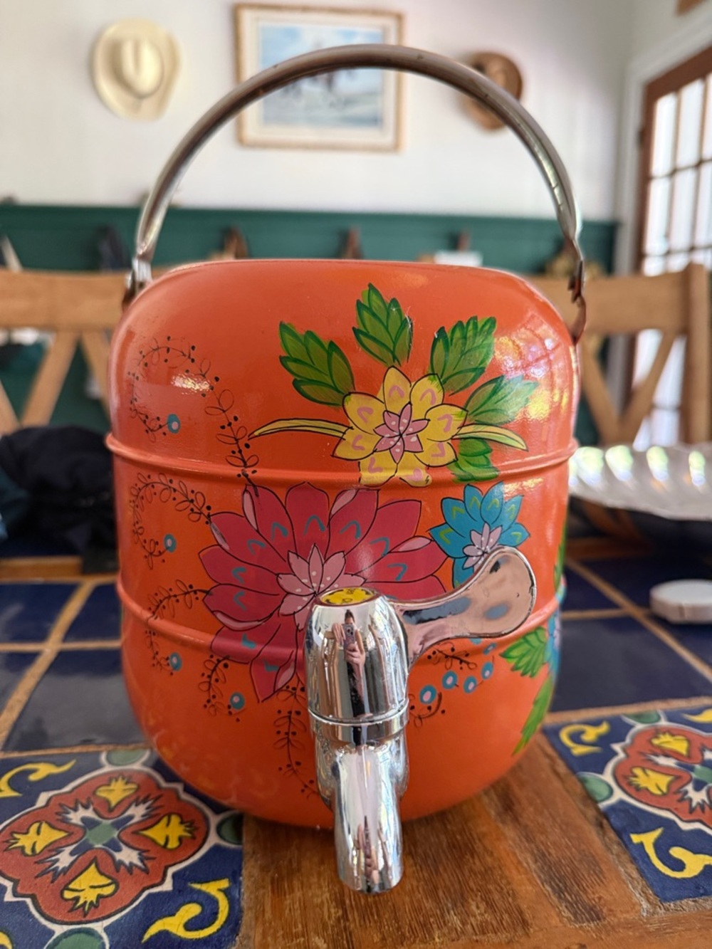 Vintage Hand-Painted Orange Floral Water Dispenser